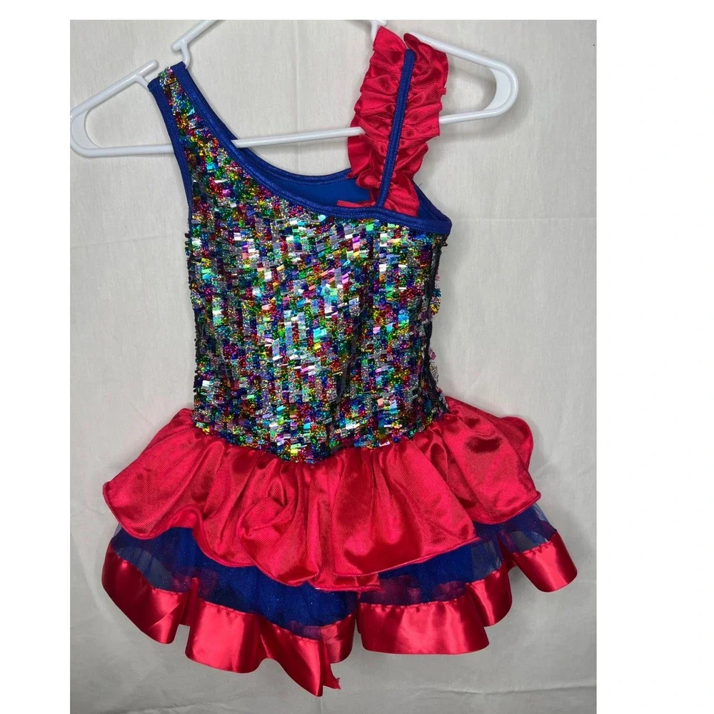 Curtain Call Costumes Girls Sequin Ruffle‎ One Shoulder Dance Dress CME Medium 8